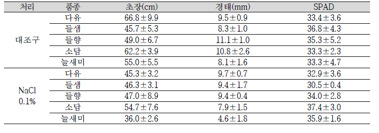 이식후 72일차 품종별 생육 비교 (2022년)