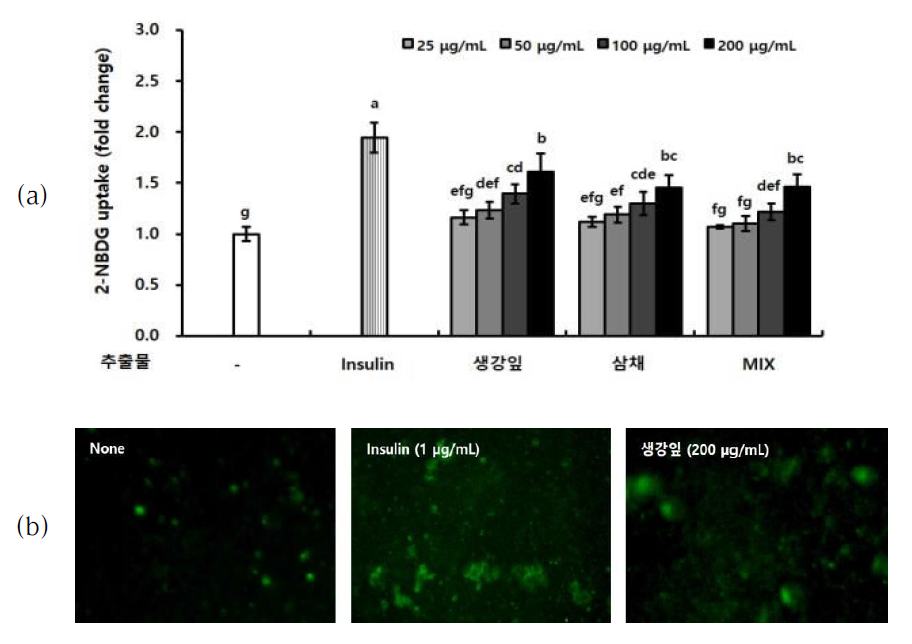 Effect of the ethanol extract of agricultural products on glucose uptake in HepG2 cells Values are mean ± SE (n=3). a-e Means with different letters within the rows are significantly different (p<0.05); a-g Means with different letters within the columns are significantly different (p<0.05)