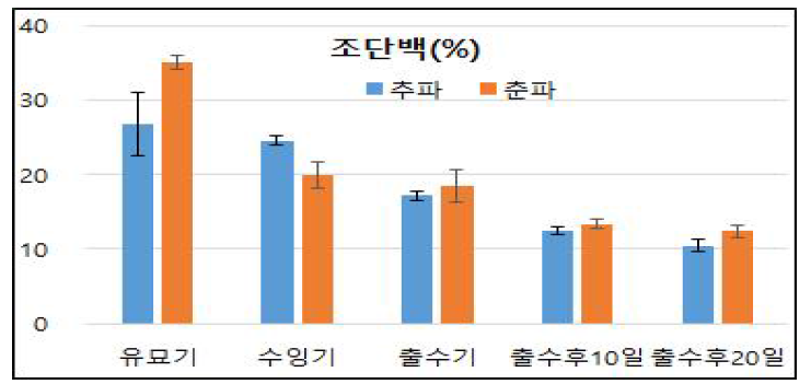 2년차(2022년) 트리티케일 파종기에 따른 수확시기별 함량 분석 결과