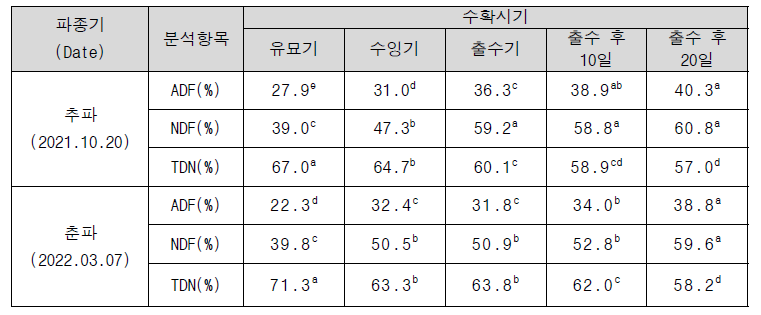 2년차(2022년) 트리티케일 파종기에 따른 수확시기별 조섬유 함량 분석 결과