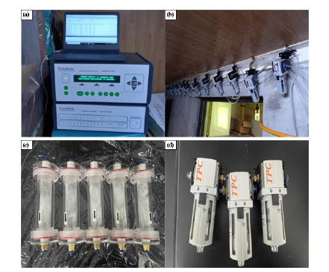 암모니아 배출량 측정장비 (a) INNOVA 및 멀티샘플러 (b) 측정 샘플 라인 (c) Glass wool 분진 필터 (d) 수분 필터