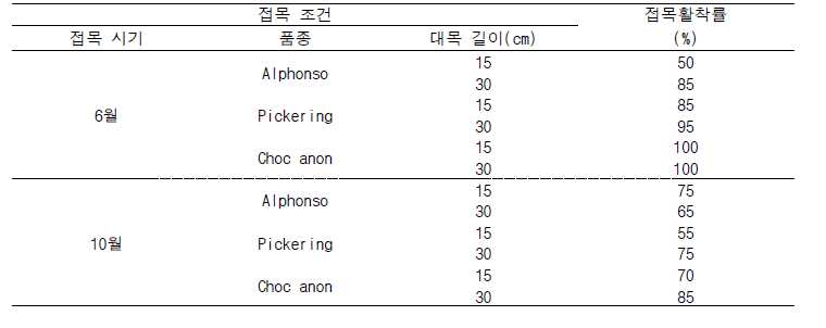 접목 조건에 따른 품종별 접목활착률