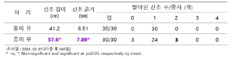 종자 유무에 따른 신초 생육 특성