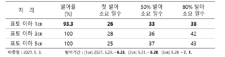 파종 깊이에 따른 발아율, 발아 소요 일수