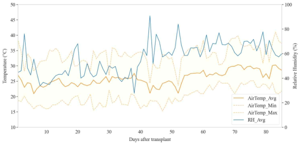 2022년도 재배기간 내 실험온실 일일 온도 및 상대습도 변화