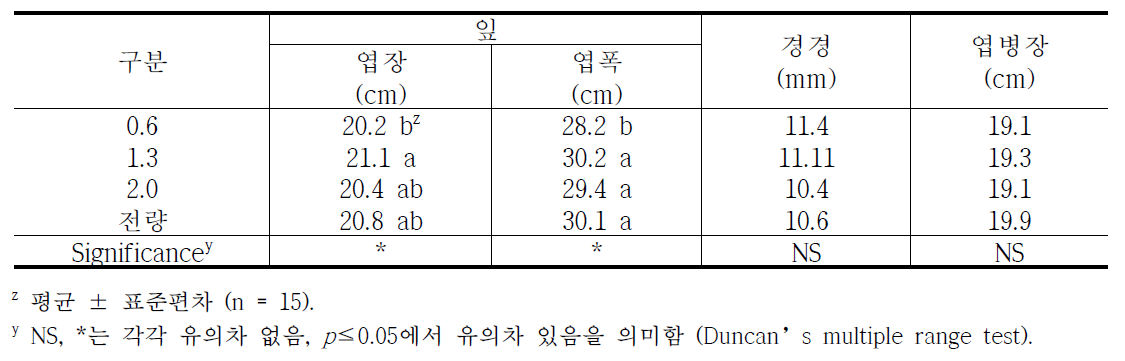 배액 재사용 처리별 생육 비교 (정식 후 50일)