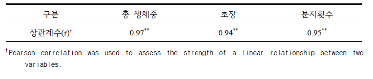 고추 총 엽면적과 주요 생육변수 간 관계(2021)