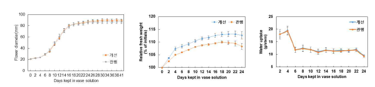 수출 절화 수국의 절화 보존기간 중 화폭 및 수분 생리 변화 (좌: 화폭, 중: 생체중, 우: 수분흡수량)