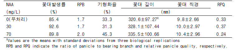 NAA(1-Naphthaleneacetic acid) 처리 농도별 꽃대 특성