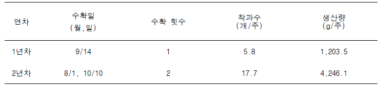 연차별 착과수 및 생산량