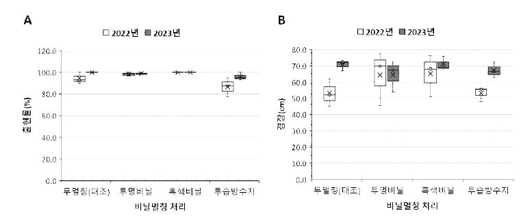 연차간 비닐멀칭 처리별 출현율 및 경장 비교(A:출현률, %; B: 경장, cm)