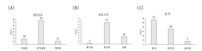 감자 유전자원 생육 및 화기 특성(A:생장모양; B: 경엽구조; C: 꽃색)