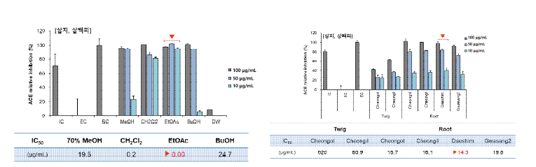 뽕나무 상지 및 상백피의 분획(좌), 품종별(우) ACE 효소 활성 저해능 분석