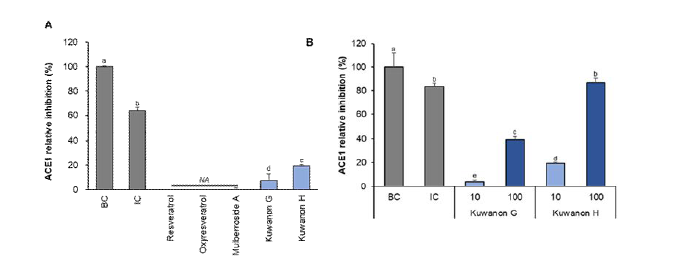 뽕나무 물질별 ACE 효소 활성저해 효과비교 (A) 물질 5종 ACE 저해효과 비교 (B) kuwanon 농도별 ACE 저해효과 (단위: μM)