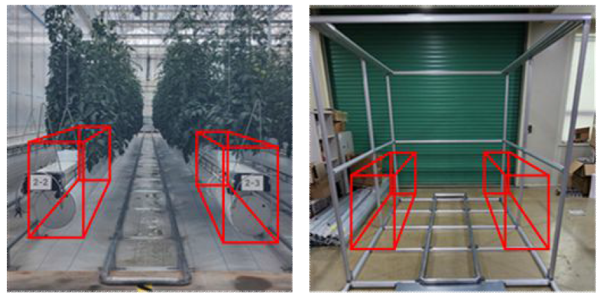 시설 온실 예(토마토 재배 포장) 및 재배 구역 공간을 모형으로 구현한 구조물
