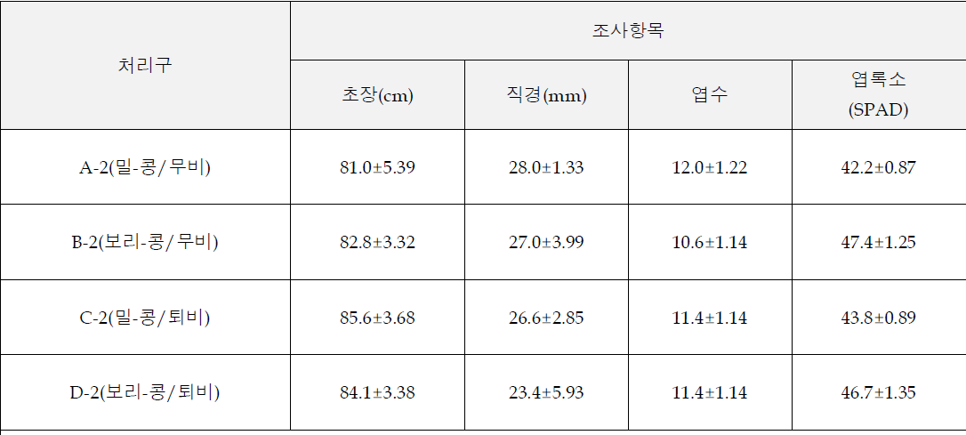 밀, 보리 작부체계에 따른 하계작물(콩)의 중간 생육(8/31)