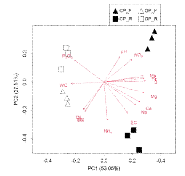 논의 서식지 유형에 대한 토양 특성의 군집 분석 (Principal Component Analysis, PCA) 관행 본답(CP_R), 유기 본답(OP_R), 관행 논둑(CP_F), 유기 논둑(OP_F)