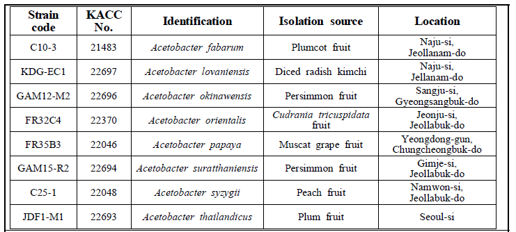 미기록 Acetobacter 초산균의 종명 및 분리원