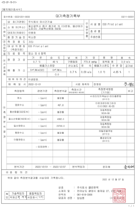 ㈜클린엔텍에 가스분석 성적서