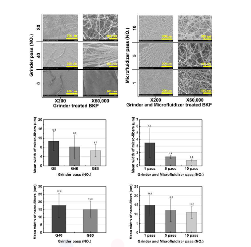 그라인더 및 고압균질기 처리된 BKP 섬유 변화결과