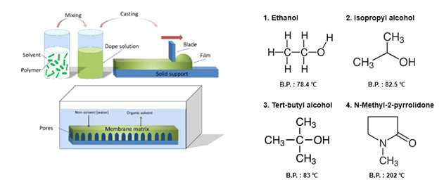 나노셀룰로오스 기반 코팅층의 원활한 기공 구조 형성을 위한 비용매 도입 방안 (좌 : NIPS 모식도, 우 : 선정된 비용매 후보군의 분자 구조) [출처 : Membranes, 2018, 8, 23]
