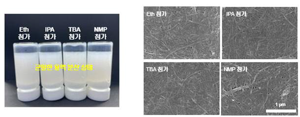 비용매 도입에 따른 나노셀룰로오스 기반 코팅층의 기공 구조 형성 (좌 : 분산 용액의 외관 사진, 우 : 표면 SEM 이미지)