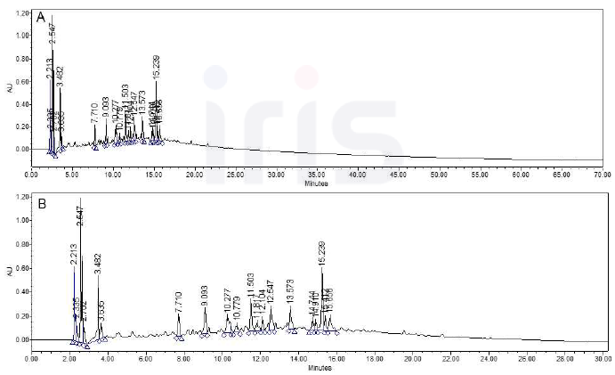 청가시덩굴 BuOH 분획물 HPLC 크로마토그램(A); 크로마토그램 확대(B, 0-30분대 확대)