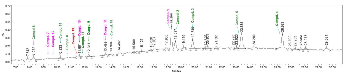 청가시덩굴 추출물로부터 분리한 화합물의 HPLC peak identification