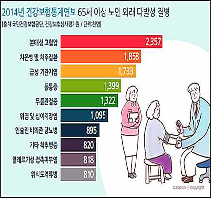 65세 이상 노인 외래 다발성 질병 출처: 국민건당보험공단, 건강보헌심사평가원