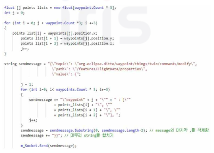 Unity C#에서 waypoint 3개를 생성하여 Eclipse Ditto로 Message를 전송하는 코드 예제