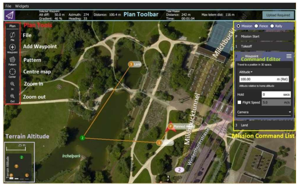 QGroundControl에서 Mission File를 업로드한 예시 (https://docs.qgroundcontrol.com/master/en/PlanView/PlanView.html)