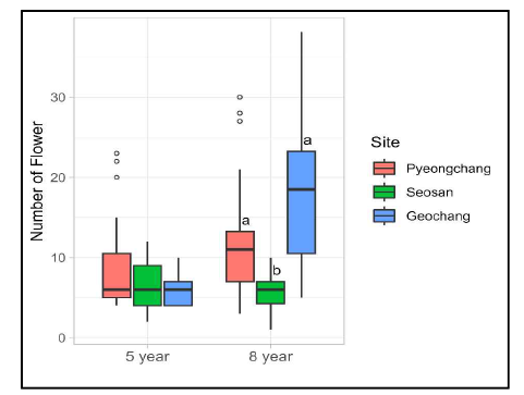 산양삼의 산지별(평창, 서산, 거창) 및 연령별 꽃 개수