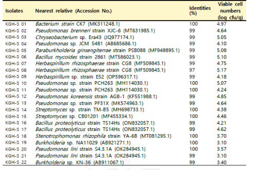 KGH 강원 홍천 지역 산양삼 재배 토양의 분리 미생물 16S identity