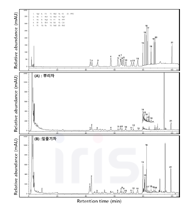 산양삼 지하부 및 지상부 발효차의 진세노사이드 HPLC 크로마토그램