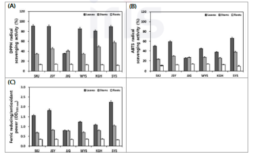 지역별 산양삼 부위(잎, 줄기 및 뿌리)의 DPPH (A), ABTS (B) 라디칼 소거활성 및 FRAP 환원력(C)