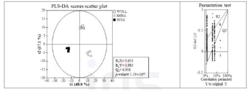 재배 지역별 산양삼 잎의 기능성 대사체 PLS-DA Scores