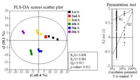 수확 시기별 산양삼 줄기 부위의 기능성 대사체 PLS-DA Scores