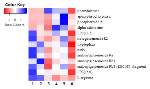 수확 시기별 산양삼 줄기 부위의 기능성 대사체 Heatmap