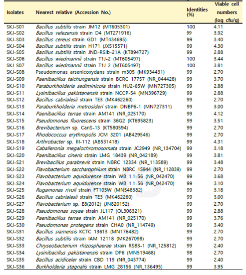 SKJ 함양 서상 지역 산양삼 잎의 분리 미생물 16S identity