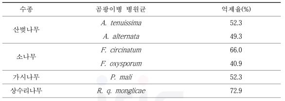 B. subtilis의 곰팡이병 병원균 균사 생장 억제율