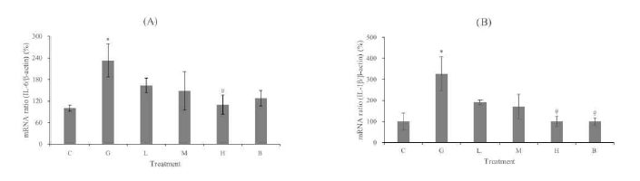 위 점막 내 처리구별 IL-6 mRNA 발현량 그래프(A) 및 IL-1β mRNA 발현량 그래프(B)