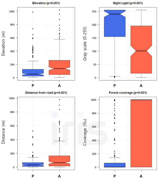 소나무허리노린재 출현(P) 및 비출현(A) 지점 간 환경 특성 비교 ※ (좌측 상단부터 시계방향으로) 고도, 야간 빛, 도로와의 거리, 산림피복도