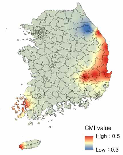 보간법을 이용한 소나무허리노린재의 주요 원산지(샌프란시스코)와 기후유사성 비교 결과