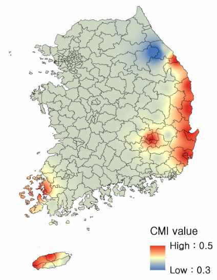 보간법을 이용한 소나무허리노린재의 주요 원산지(샌디에고)와 기후유사성 비교 결과