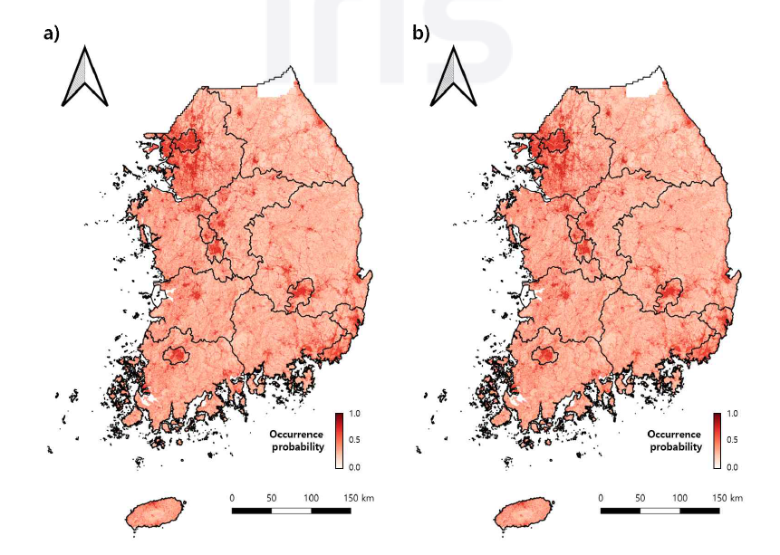 미래 소나무허리노린재 발생 위험도 평가 지도(2050s) a) RCP 4.5 기후변화 시나리오, b) RCP 6.0 기후변화 시나리오