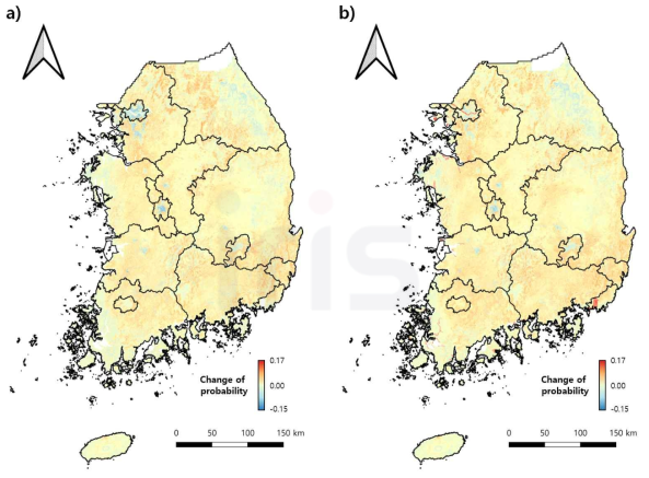 기후변화에 따른 소나무허리노린재 발생 위험도 변화 a) RCP 4.5 기후변화 시나리오, b) RCP 6.0 기후변화 시나리오 ※ 기후변화 자료 기반 발생위험도에 대한 평년 기후 기반 발생위험도 차이를 구함(2050s – 현재)