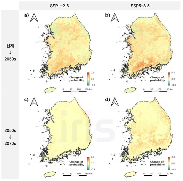 기후변화에 따른 소나무허리노린재 발생 위험도 변화(모델 ensemble결과) a) 현재 → 2050s (SSP1-2.6), b) 현재 → 2050s (SSP5-8.5), c) 2050s → 2070s (SSP1-2.6), d) 2050s → 2070s (SSP1-2.6) ※ 기후변화 자료 기반 발생위험도에 대한 평년 기후 기반 발생위험도 차이를 구함