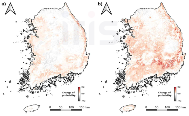 기후변화 심화에 의한 소나무허리노린재 발생 취약 지역(모델 ensemble결과) a) 2050년대의 취약 지역, b) 2070년대의 취약 지역