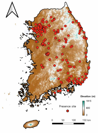 종분포모형에 사용한 소나무허리노린재 국내 출현지점