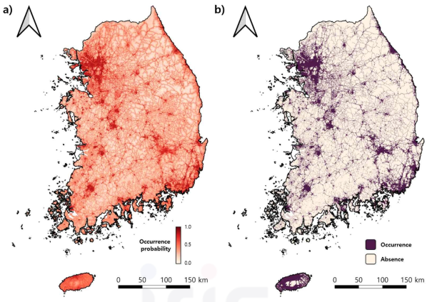 모델 ensemble을 이용한 소나무허리노린재 발생위험도 예측 결과 a) 발생위험도, b) 역치값(0.5)을 이용한 출현/비출현 예측